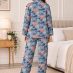 Elephant Print Pajama Set for Women – Blue Botanical Button-Down Sleepwear Shirt