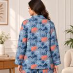 Elephant Print Pajama Set for Women – Blue Botanical Button-Down Sleepwear Shirt