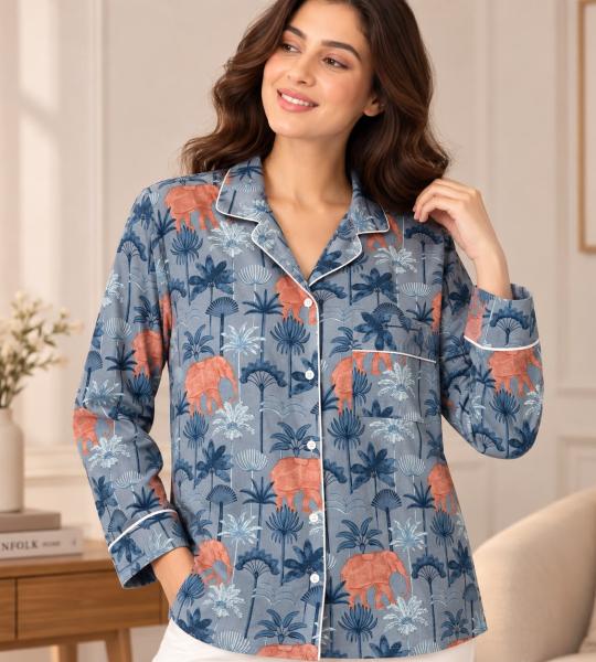 Elephant Print Pajama Set for Women – Blue Botanical Button-Down Sleepwear Shirt