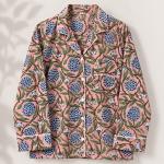 Pink Floral Pajama Set for Women – Blue Botanical Print Button-Down Sleepwear with Matching Pants
