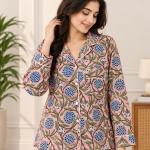 Pink Floral Pajama Set for Women – Blue Botanical Print Button-Down Sleepwear with Matching Pants