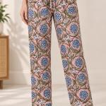 Pink Floral Pajama Set for Women – Blue Botanical Print Button-Down Sleepwear with Matching Pants