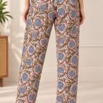 Pink Floral Pajama Set for Women – Blue Botanical Print Button-Down Sleepwear with Matching Pants